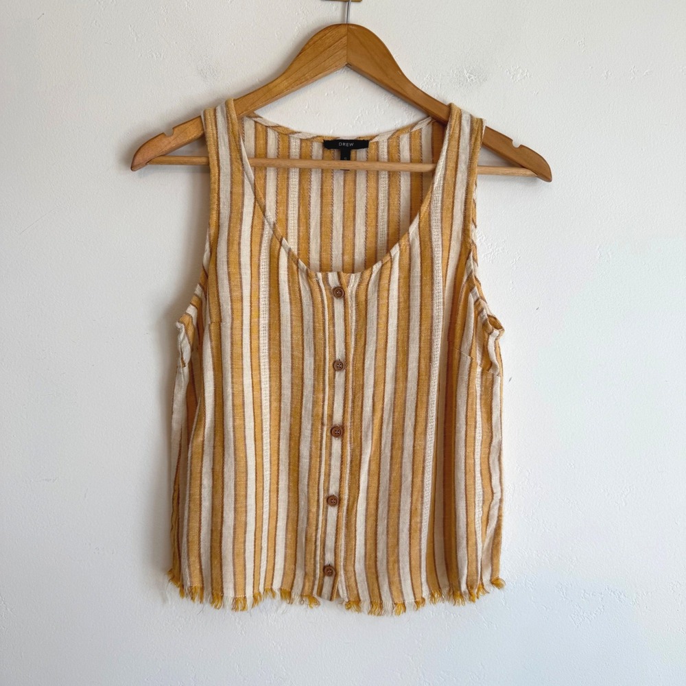 DREW Linen Blend Tank Top Small Mustard Stripe Button Front Fringe Boho Coastal